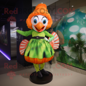 Olive Clown Fish mascot costume character dressed with a A-Line Dress and Smartwatches