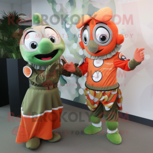 Olive Clown Fish mascot costume character dressed with a A-Line Dress and Smartwatches