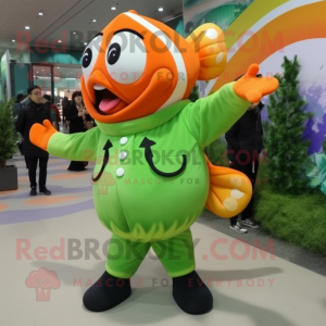 Olive Clown Fish mascot costume character dressed with a A-Line Dress and Smartwatches