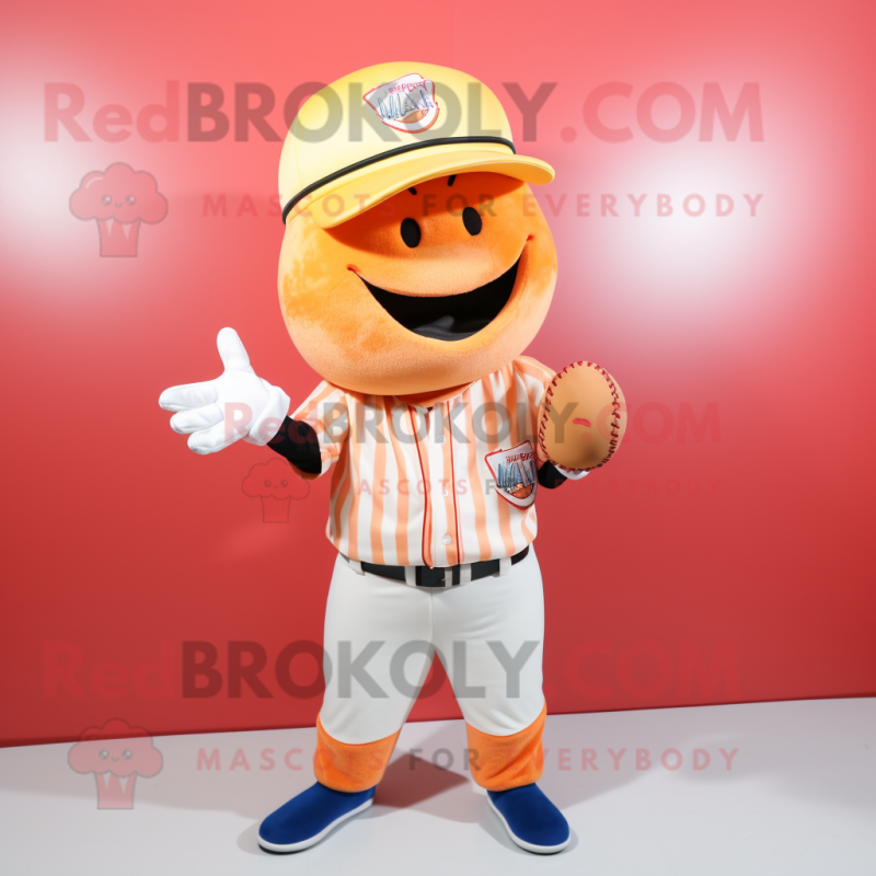 Peach Baseball Glove mascot costume character dressed with a V-Neck Tee and Berets Peach Baseball Glove mascot costume character dressed with a V-Neck Tee and Berets