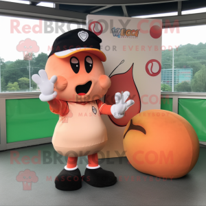 Peach Baseball Glove mascot costume character dressed with a V-Neck Tee and Berets