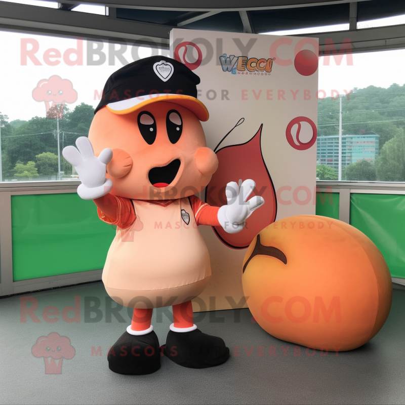Peach Baseball Glove mascot costume character dressed with a V-Neck Tee and Berets Peach Baseball Glove mascot costume character dressed with a V-Neck Tee and Berets