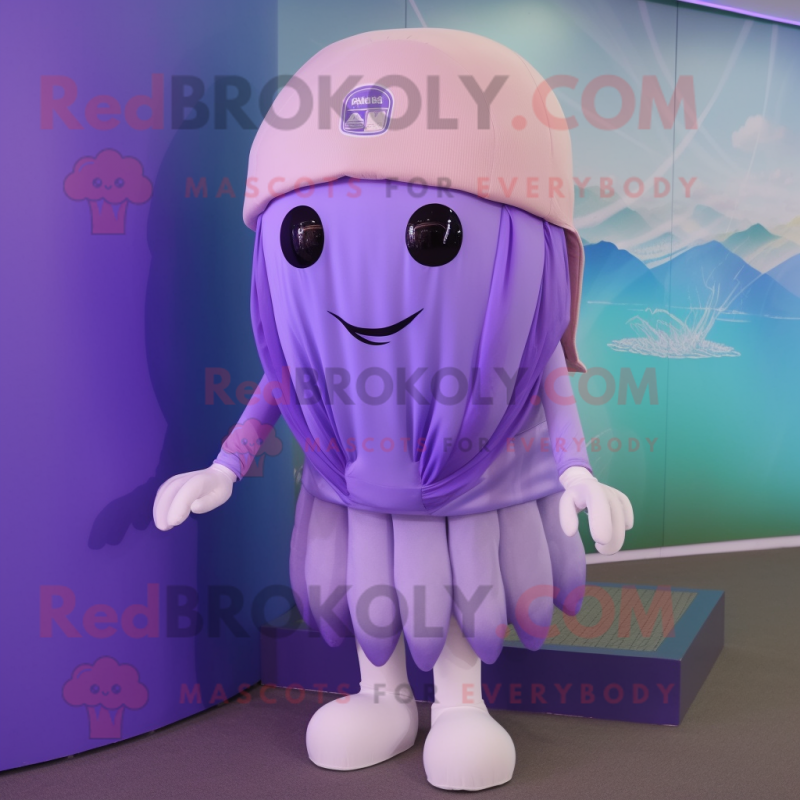 Lavender Jellyfish mascot costume character dressed with a Cargo Pants and Beanies Lavender Jellyfish mascot costume character dressed with a Cargo Pants and Beanies