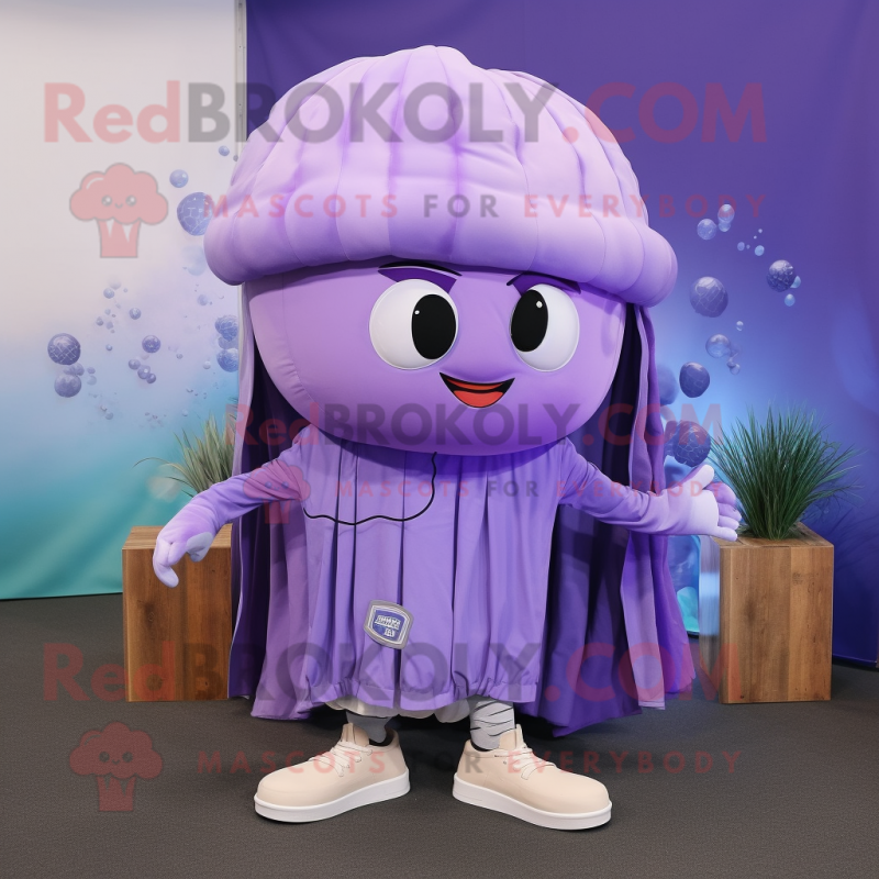 Lavender Jellyfish mascot costume character dressed with a Cargo Pants and Beanies Lavender Jellyfish mascot costume character dressed with a Cargo Pants and Beanies