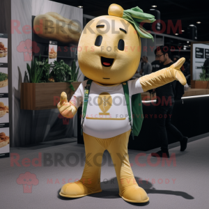 Gold Radish mascot costume character dressed with a T-Shirt and Suspenders