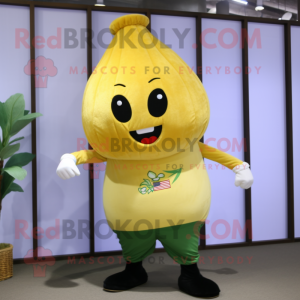 Gold Radish mascot costume character dressed with a T-Shirt and Suspenders