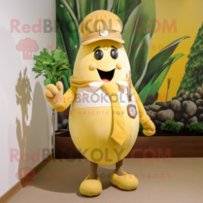 Gold Radish mascot costume character dressed with a T-Shirt and Suspenders