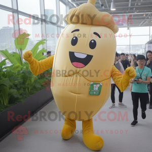 Gold Radish mascot costume character dressed with a T-Shirt and Suspenders