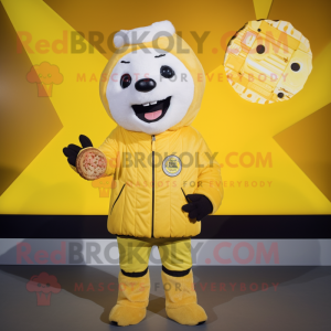 Lemon Yellow Shepard'S Pie mascot costume character dressed with a Windbreaker and Beanies