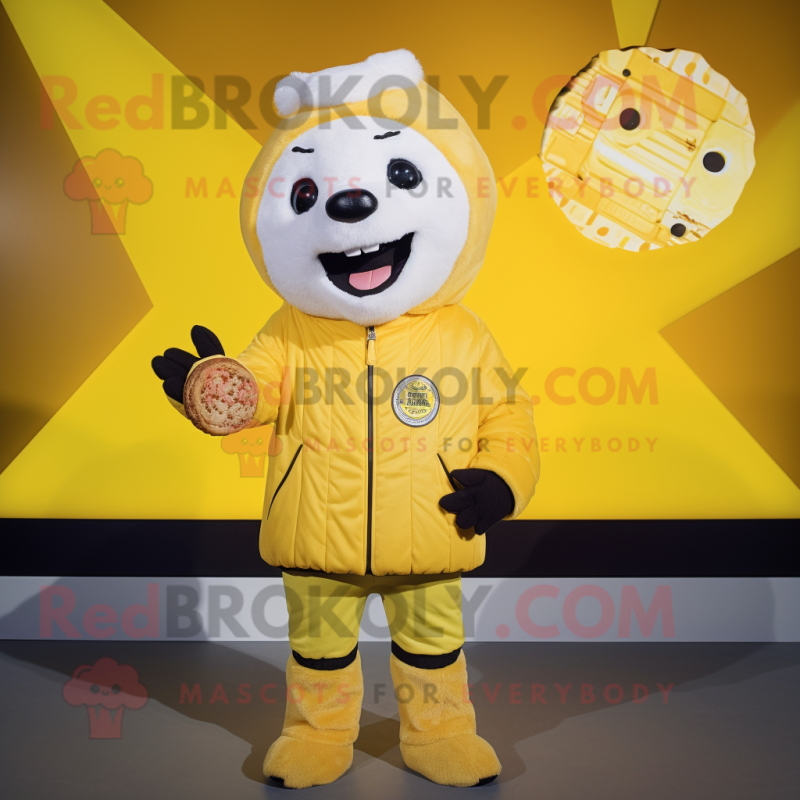 Lemon Yellow Shepard'S Pie mascot costume character dressed with a Windbreaker and Beanies Lemon Yellow Shepard'S Pie mascot costume character dressed with a Windbreaker and Beanies