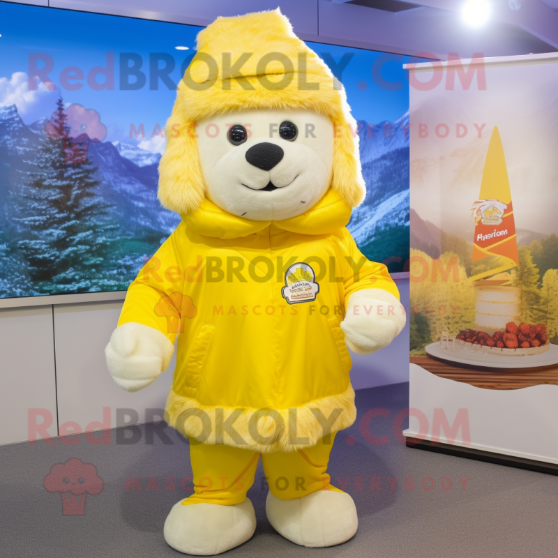 Lemon Yellow Shepard'S Pie mascot costume character dressed with a Windbreaker and Beanies