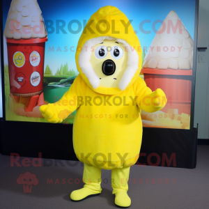 Lemon Yellow Shepard'S Pie mascot costume character dressed with a Windbreaker and Beanies