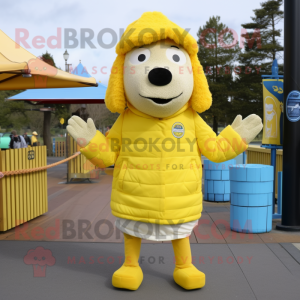 Lemon Yellow Shepard'S Pie mascot costume character dressed with a Windbreaker and Beanies