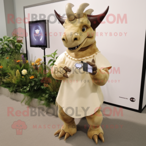 Beige Triceratops mascot costume character dressed with a Dress and Smartwatches