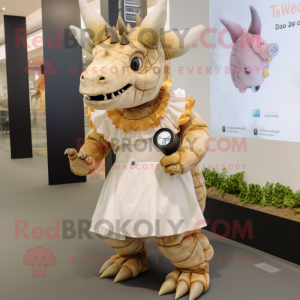 Beige Triceratops mascot costume character dressed with a Dress and Smartwatches