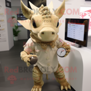 Beige Triceratops mascot costume character dressed with a Dress and Smartwatches