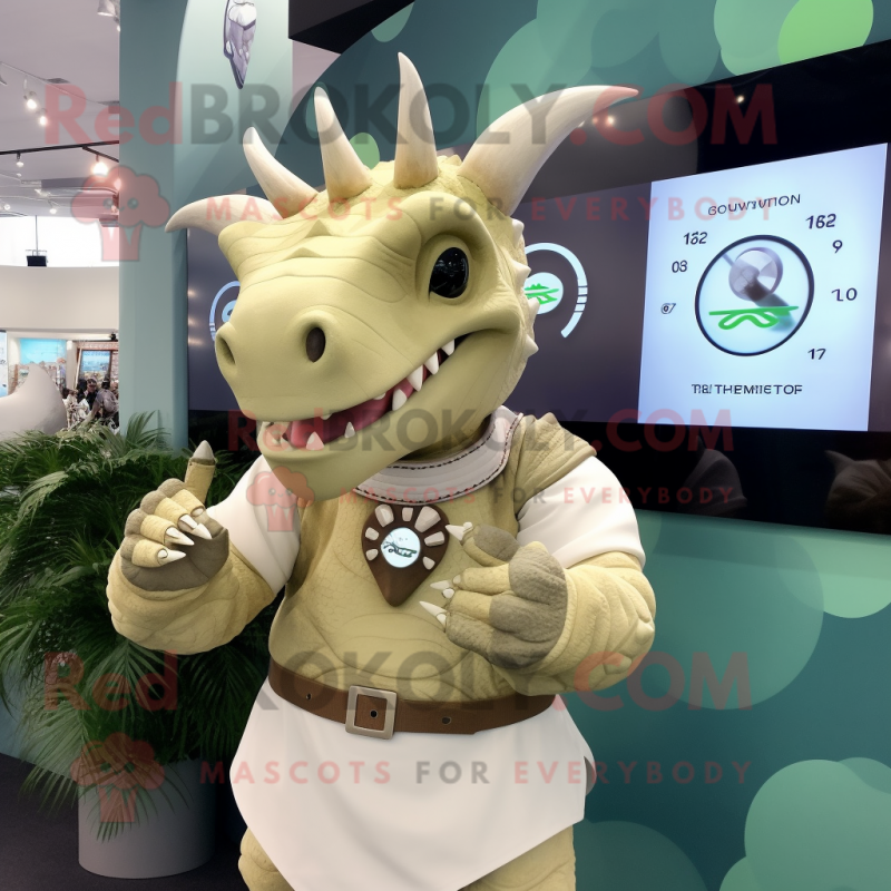 Beige Triceratops mascot costume character dressed with a Dress and Smartwatches Beige Triceratops mascot costume character dressed with a Dress and Smartwatches
