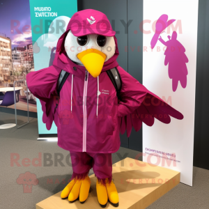 Magenta Dove mascot costume character dressed with a Raincoat and Backpacks