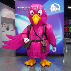 Magenta Dove mascot costume character dressed with a Raincoat and Backpacks
