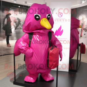 Magenta Dove mascot costume character dressed with a Raincoat and Backpacks