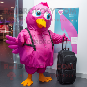 Magenta Dove mascot costume character dressed with a Raincoat and Backpacks
