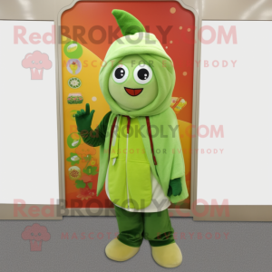 Olive Melon mascot costume character dressed with a Hoodie and Scarves