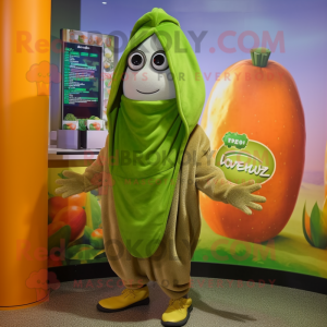 Olive Melon mascot costume character dressed with a Hoodie and Scarves