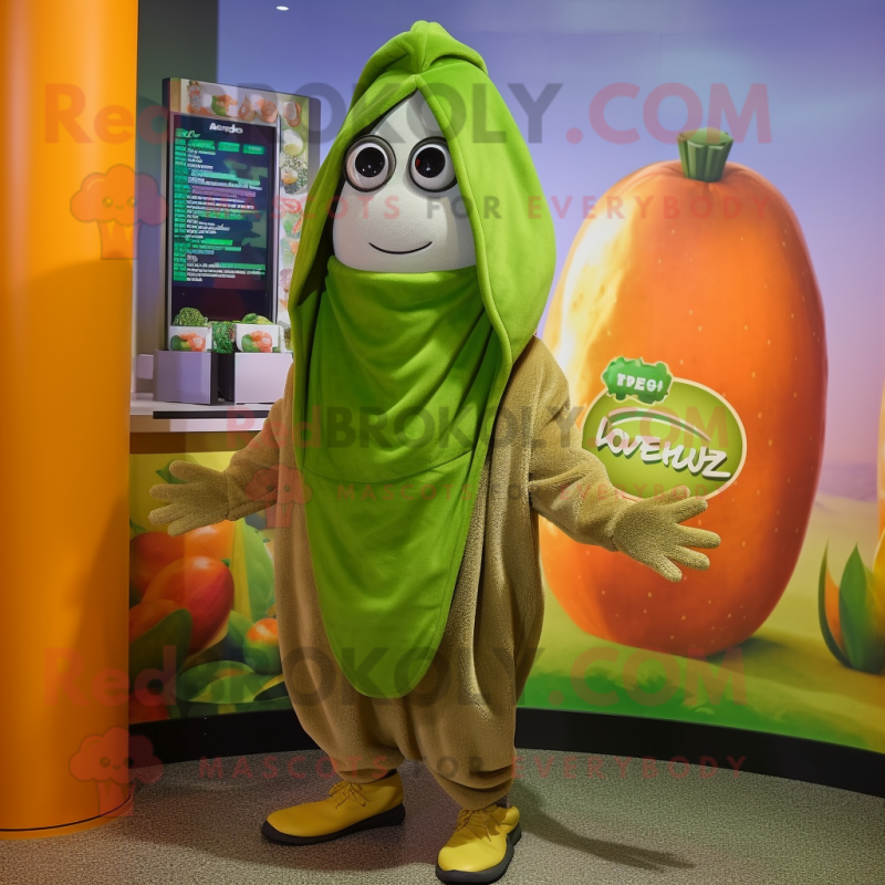 Olive Melon mascot costume character dressed with a Hoodie and Scarves Olive Melon mascot costume character dressed with a Hoodie and Scarves