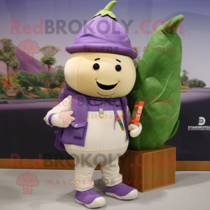 Lavender Turnip mascot costume character dressed with a Bomber Jacket and Messenger bags