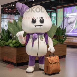 Lavender Turnip mascot costume character dressed with a Bomber Jacket and Messenger bags