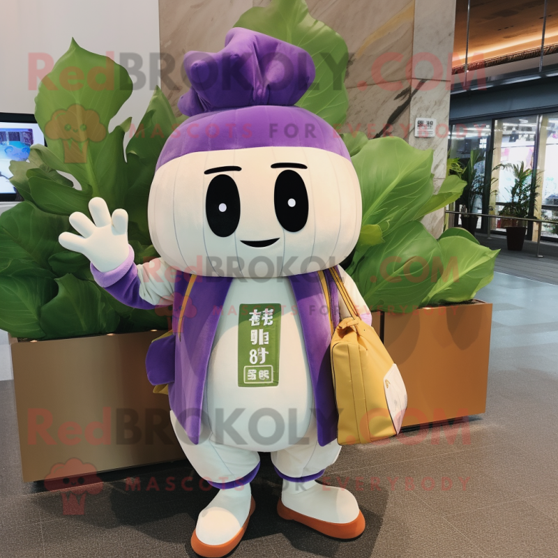 Lavender Turnip mascot costume character dressed with a Bomber Jacket and Messenger bags