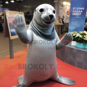 Silver Sea Lion mascot costume character dressed with a Midi Dress and Mittens