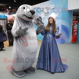 Silver Sea Lion mascot costume character dressed with a Midi Dress and Mittens