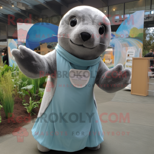 Silver Sea Lion mascot costume character dressed with a Midi Dress and Mittens