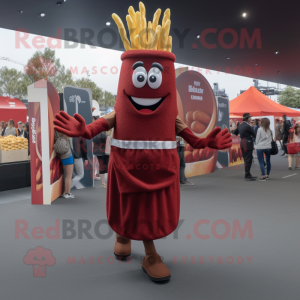 Maroon French Fries mascot costume character dressed with a Wrap Dress and Suspenders