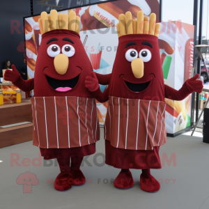 Maroon French Fries mascot costume character dressed with a Wrap Dress and Suspenders