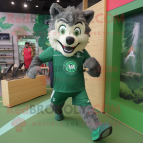 Forest Green Wolf mascot costume character dressed with a Running Shorts and Clutch bags