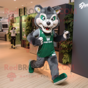 Forest Green Wolf mascot costume character dressed with a Running Shorts and Clutch bags