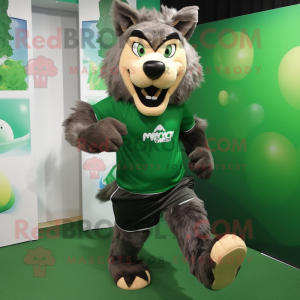 Forest Green Wolf mascot costume character dressed with a Running Shorts and Clutch bags