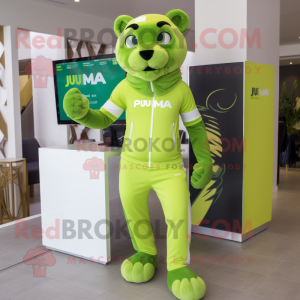 Lime Green Puma mascot costume character dressed with a Leggings and Scarves