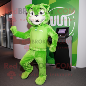 Lime Green Puma mascot costume character dressed with a Leggings and Scarves
