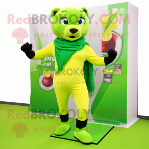 Lime Green Puma mascot costume character dressed with a Leggings and Scarves