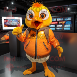 Orange Canary mascot costume character dressed with a Bomber Jacket and Hairpins