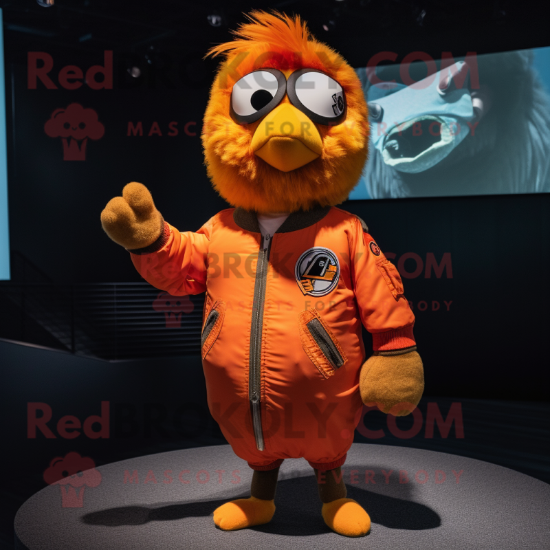 Orange Canary mascot costume character dressed with a Bomber Jacket and Hairpins Orange Canary mascot costume character dressed with a Bomber Jacket and Hairpins