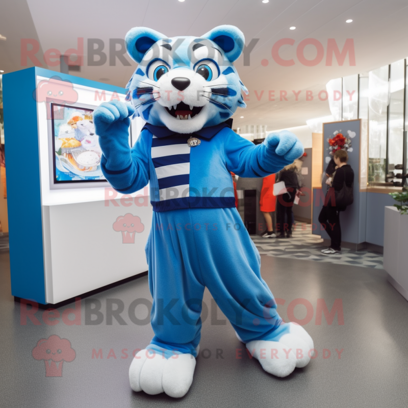 Blue Tiger mascot costume character dressed with a Culottes and Brooches