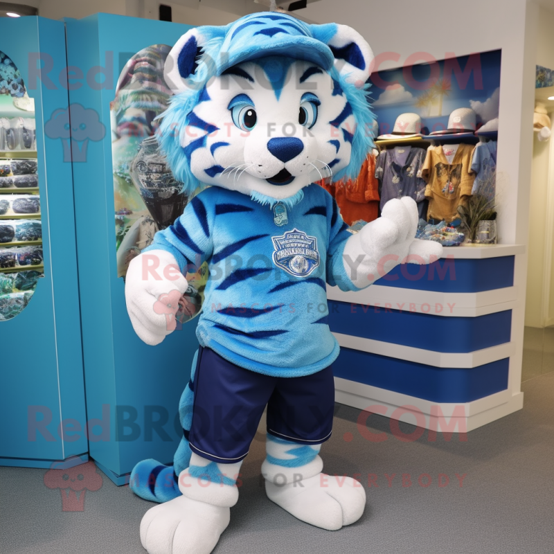 Blue Tiger mascot costume character dressed with a Culottes and Brooches