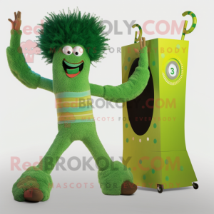 Green Contortionist mascot costume character dressed with a Cardigan and Hairpins