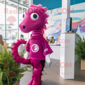 Magenta Seahorse mascot costume character dressed with a Polo Tee and Watches