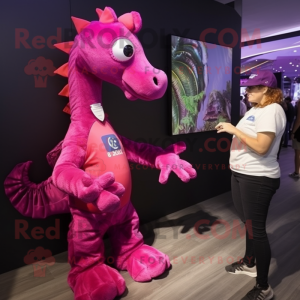 Magenta Seahorse mascot costume character dressed with a Polo Tee and Watches