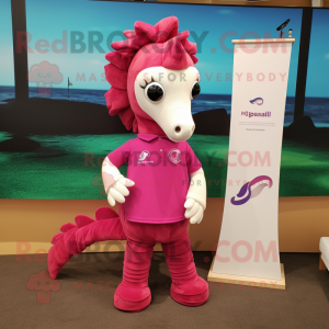 Magenta Seahorse mascot costume character dressed with a Polo Tee and Watches